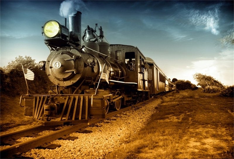 AOFOTO 7x5ft Old Train Locomotive Backdrop Vinyl Vintage Steam Engine Train Railway Photography Background Adult Man Boy Portrait Retro Nostalgia Photo Shoot Studio Props Video Drop - Image 1